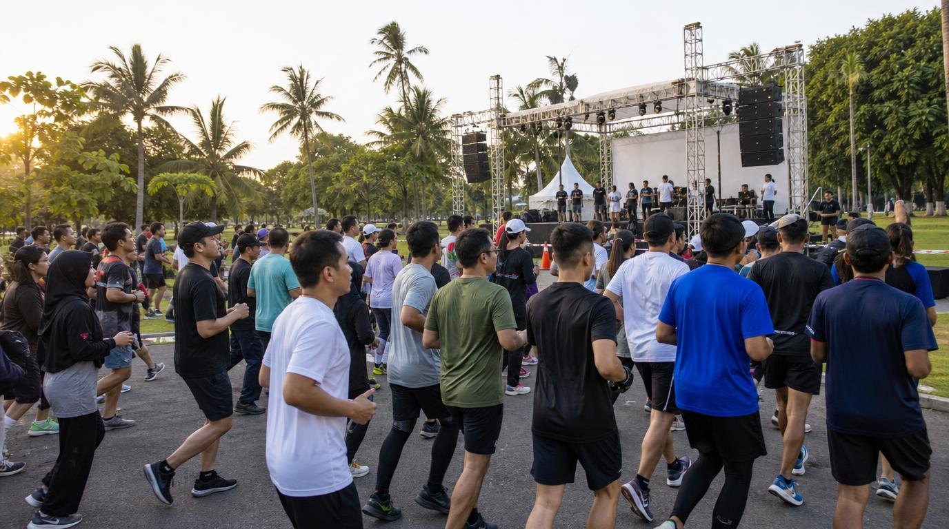 Kegiatan yoga outdoor dengan sound portabel