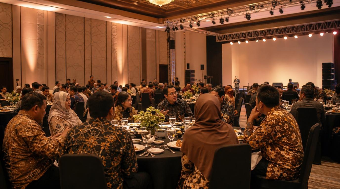 Dinner gathering perusahaan batik di ballroom, meja bundar