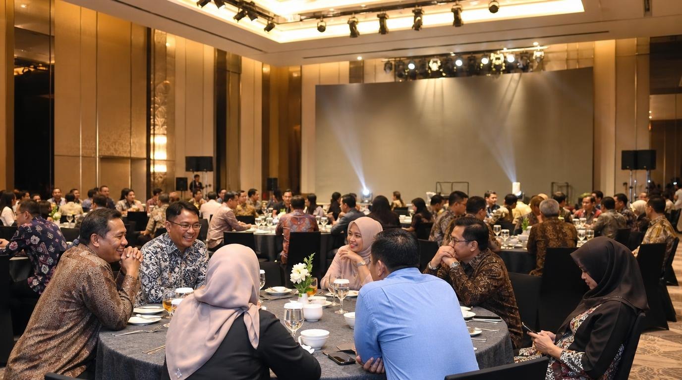 Gathering perusahaan batik, tamu dari belakang menghadap panggung