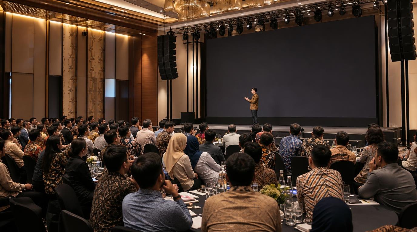 Seminar perusahaan dengan panggung dan layar LED