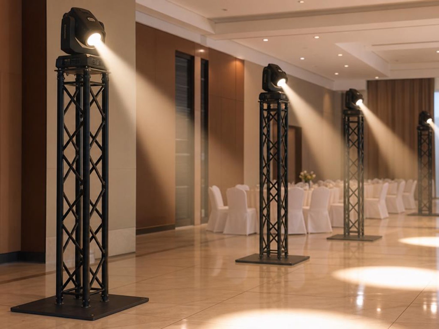 Rig lampu sorot event dengan truss dan base rapi di ruang acara hotel