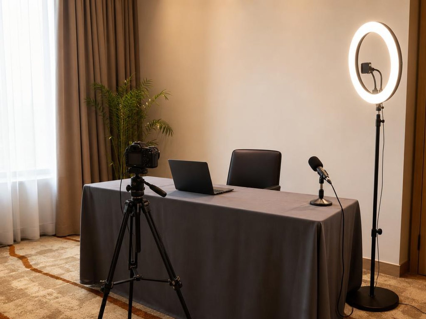 Setup studio webinar sederhana dengan laptop, kamera di tripod, dan ring light