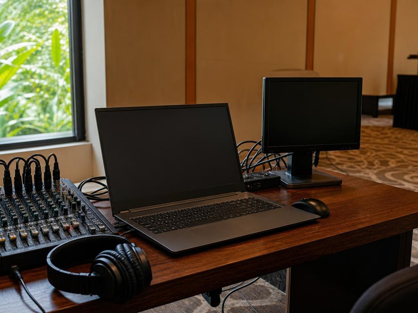 Meja kontrol streaming webinar dengan audio mixer, laptop, dan monitor mati