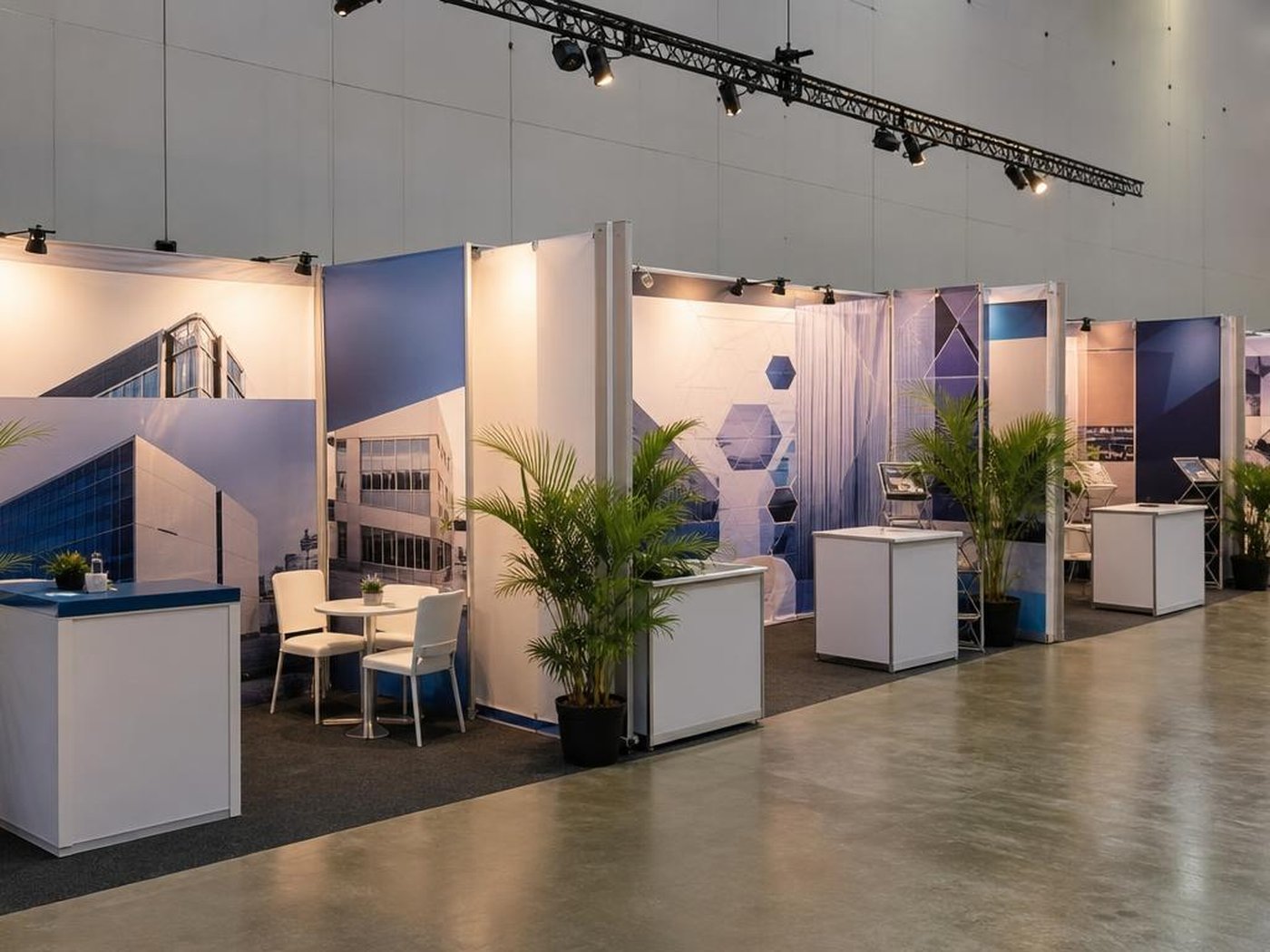 Area booth pameran korporat di hall konvensi dengan pencahayaan spotlight