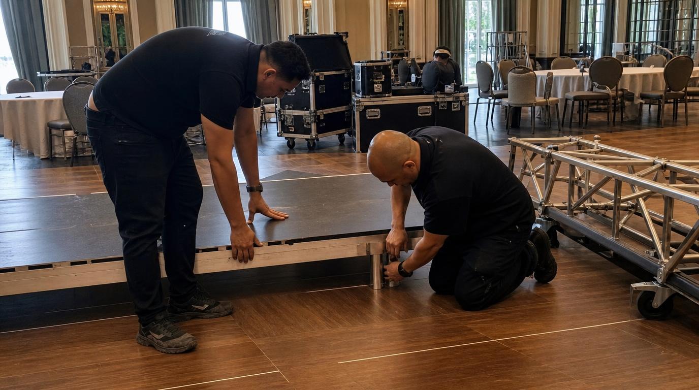 Kru produksi Momenara pasang riser panggung dan backdrop