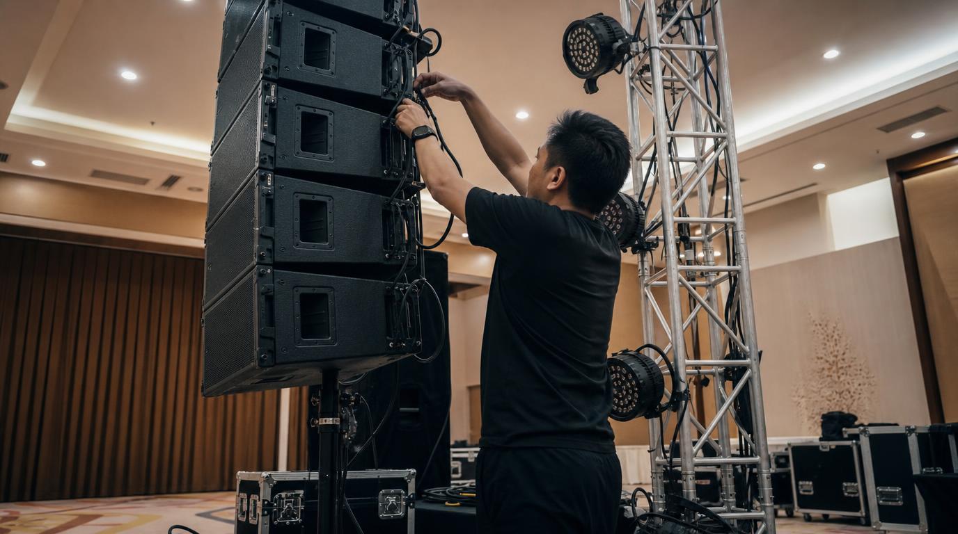 Sound system line array dan subwoofer dengan lighting truss saat sound check
